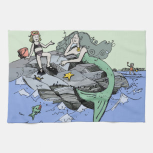 Mermaid Girl Summer Beach Friendship Whimsical Tea Towel