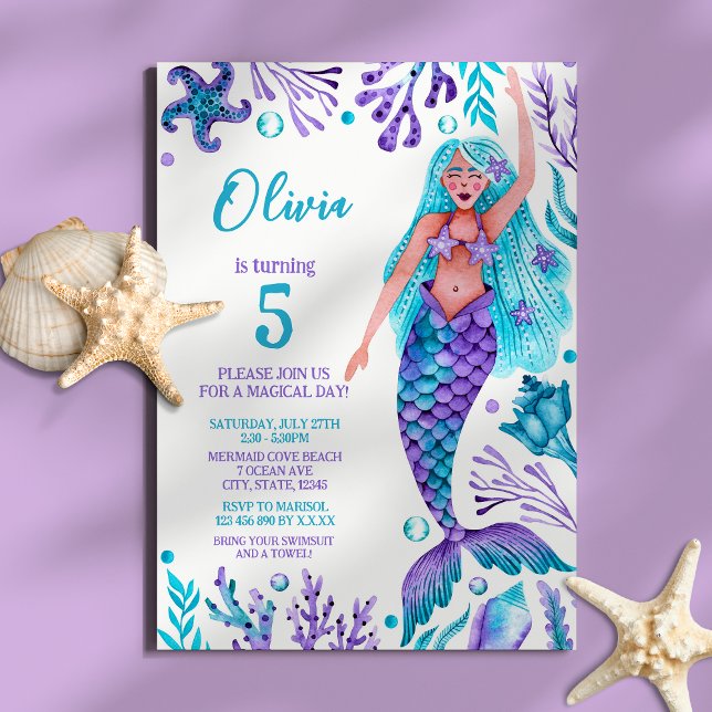 Mermaid Girl Watercolor Beach Birthday Party Invitation (Mermaid Girl Watercolor Beach Birthday Party Invitation)