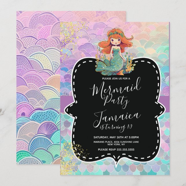 Mermaid Girls Birthday Party Purple Black Invitation (Front/Back)