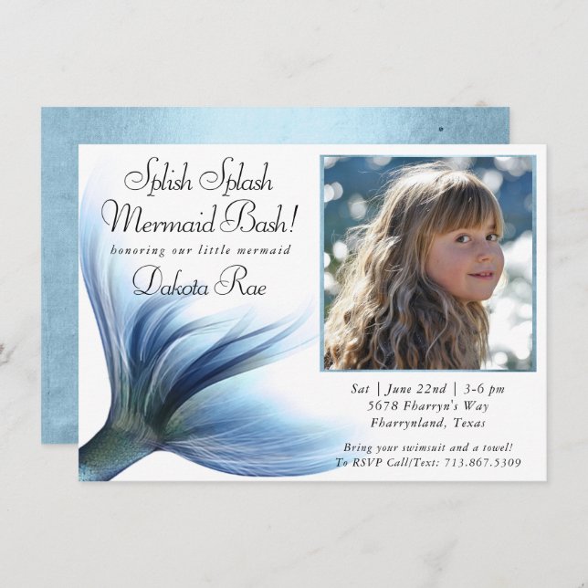 Mermaid Glam | Dusty Ice Blue Photo Splish Splash Invitation (Front/Back)