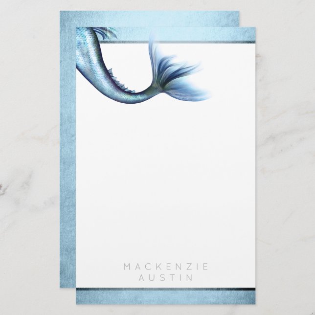 Mermaid Glam Tail | Dusty Ice Blue Lustre Custom Stationery (Front/Back)