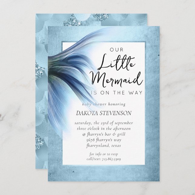 Mermaid Glam Tail | Dusty Ice Blue Lustre Shower Invitation (Front/Back)