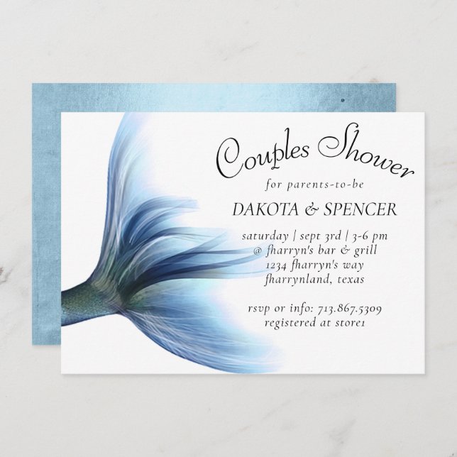 Mermaid Glam Tail | Ice Dusty Blue Couples Shower Invitation (Front/Back)