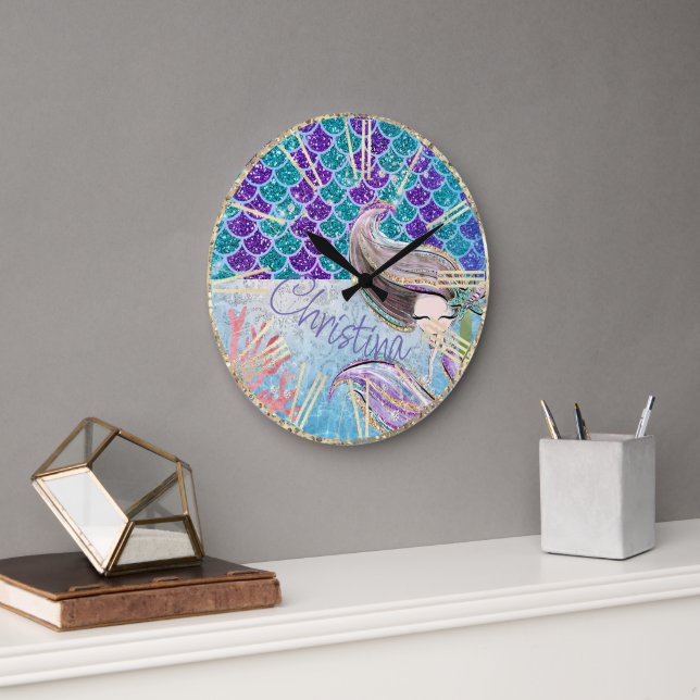 Mermaid Glitter Illustration with Tail Scales Large Clock (Office)