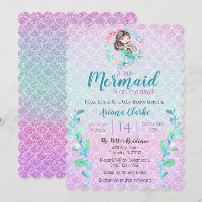 Mermaid Glitter Pink Purple Blue Girls Baby Shower Invitation (Front/Back)