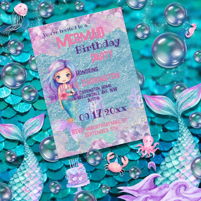 Mermaid Glitter Pink Purple Girls Birthday Party Invitation (Creator Uploaded)