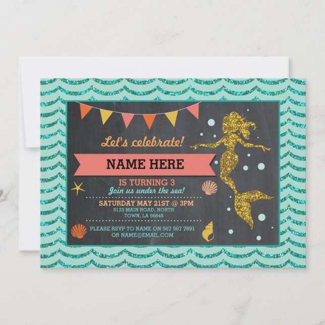 Mermaid Gold Coral Glitter Invitation (Front)