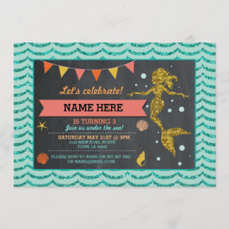 Mermaid Gold Coral Glitter Invitation