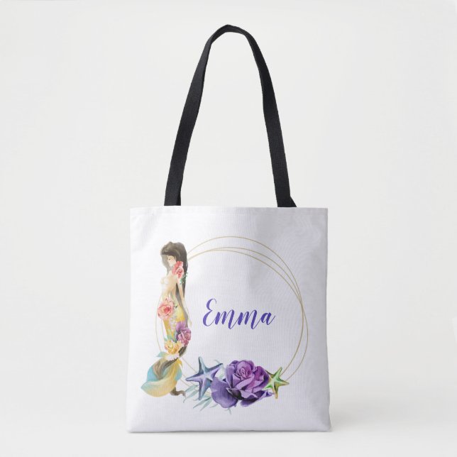 Mermaid Gold Frame  Floral Personalised Monogram Tote Bag (Front)