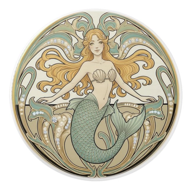 Mermaid Green Cream & Gold Art Nouveau Ocean Sea Ceramic Knob (Front)