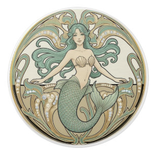 Mermaid Green Cream & Gold Art Nouveau Ocean Sea Ceramic Knob