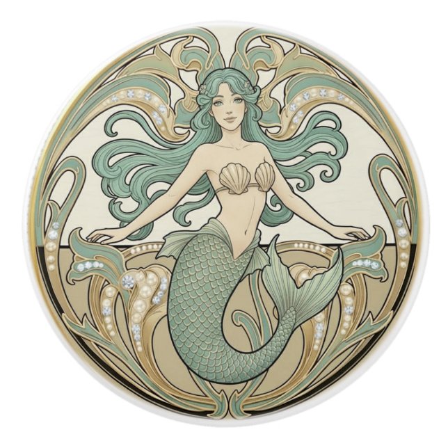 Mermaid Green Cream & Gold Art Nouveau Ocean Sea Ceramic Knob (Front)