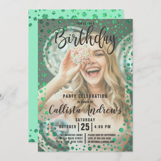 Mermaid Green Glitter Confetti Photo Birthday Invitation (Front/Back)