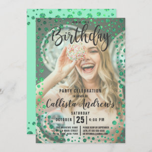 Mermaid Green Glitter Confetti Photo Birthday Invitation