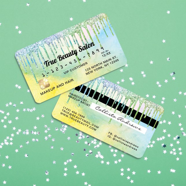 Mermaid Green Holographic Glitter Drips Credit Business Card (Creator Uploaded)