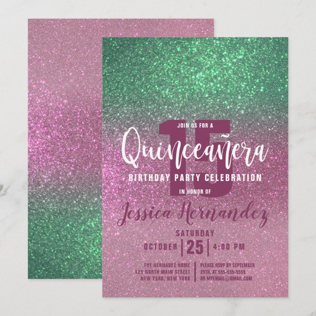 Mermaid Green Pink Triple Glitter Quinceañera Invitation (Front/Back)