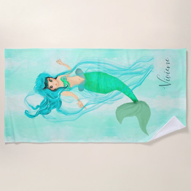  Mermaid Green Tail Girly Blue Monogram  Beach Towel (Front)