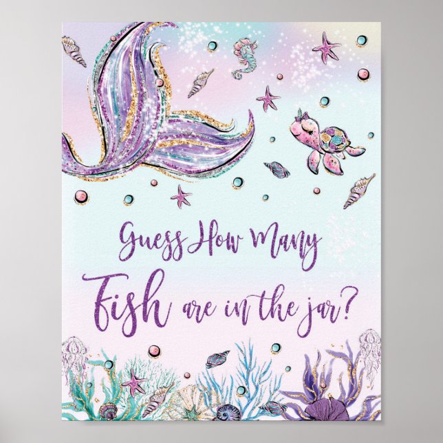 Mermaid Guess How Many Fish Baby Shower Birthday Poster (Front)