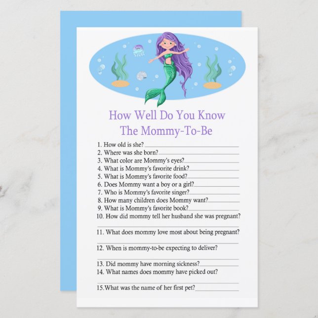 Mermaid How well do you know baby shower game (Front/Back)