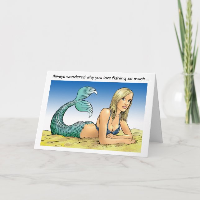 Mermaid in Funny Fishing Birthday Card (Front)
