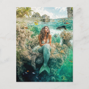Mermaid in Lush Underwater Coral Garden Holiday Postcard