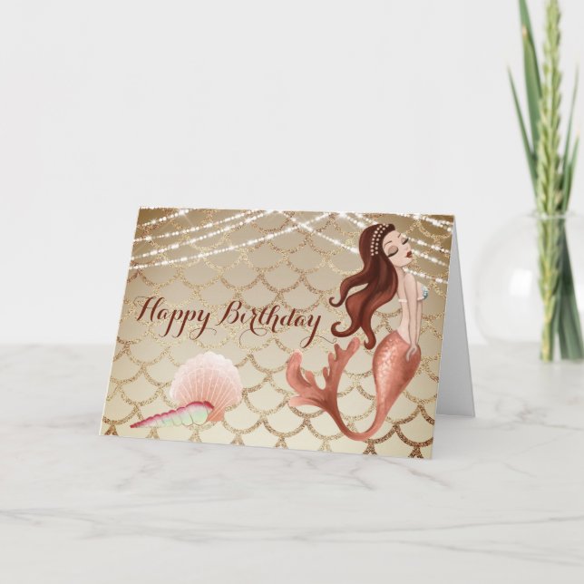 Mermaid in Rose Gold and Seashells Beach Birthday Card (Front)