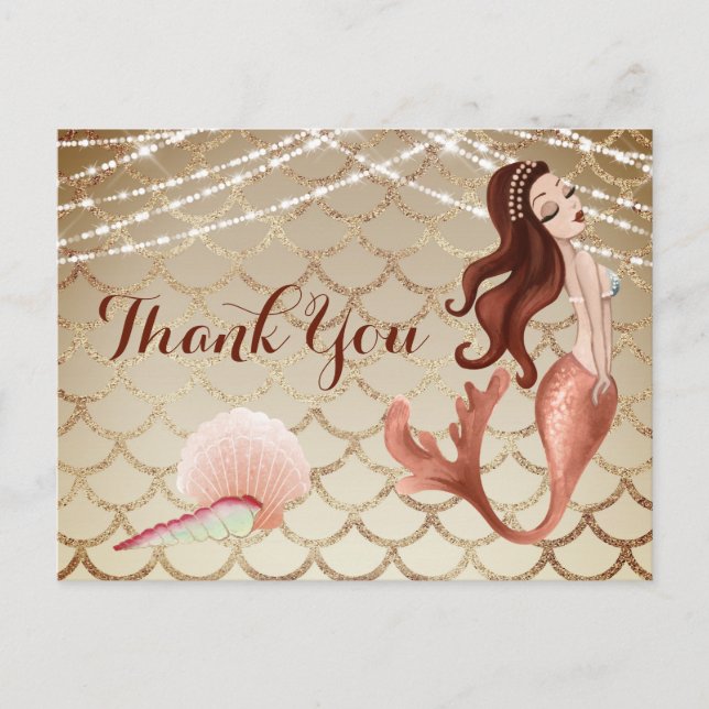 Mermaid in Rose Gold with Seashells Thank You Postcard (Front)