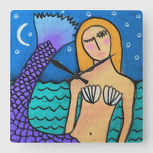 Mermaid in the Moonlight Abstract Art Square Wall  Clock