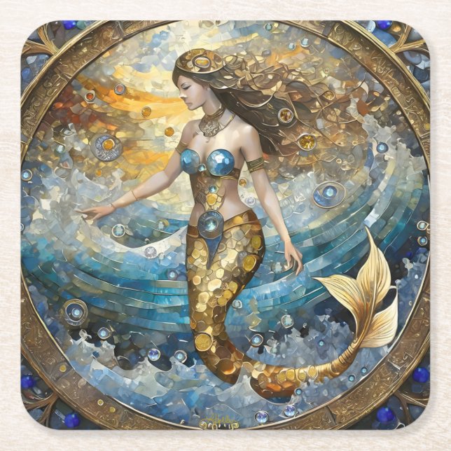 Mermaid in the Ocean Waves Square Paper Coaster (Front)
