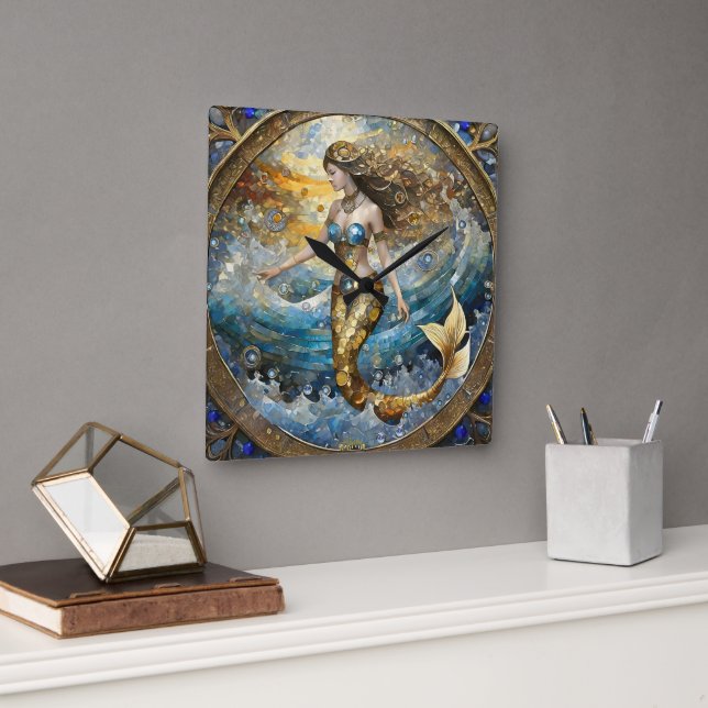 Mermaid in the Ocean Waves Square Wall Clock (Office)