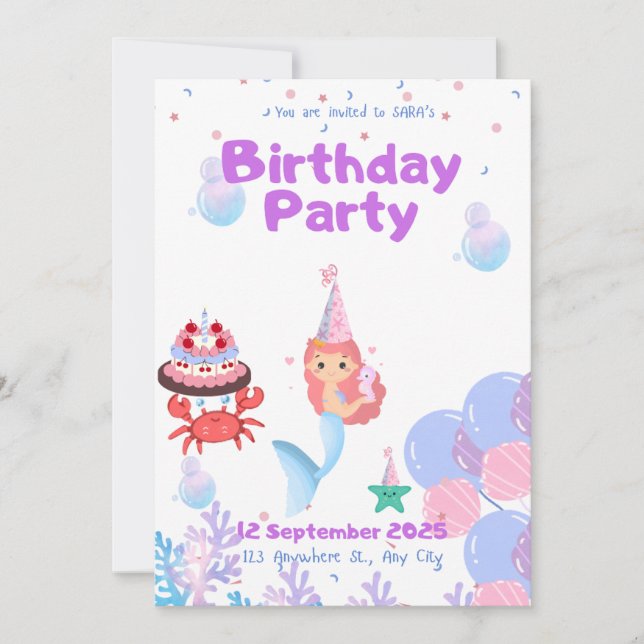 mermaid invitation card Sara’s birthday (Front)