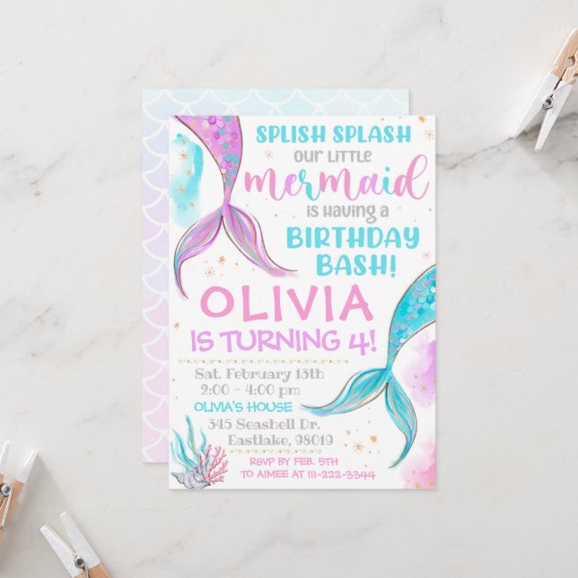 Mermaid Invitation Mermaid Birthday Invitation (Front/Back In Situ)