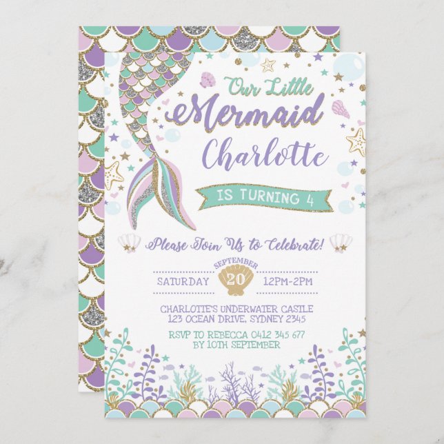 Mermaid Invitation Under the Sea Birthday Sparkle (Front/Back)