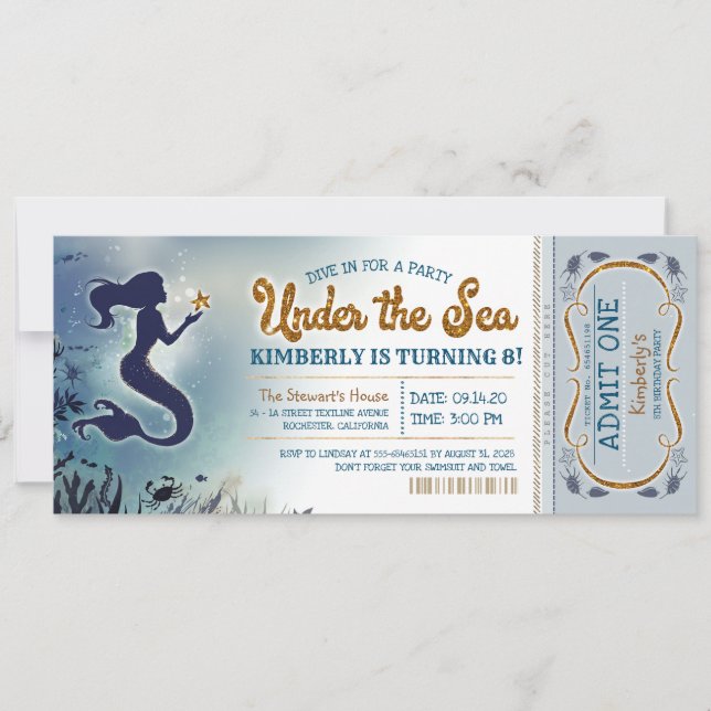Mermaid Invitation Under the Sea Glitter Birthday (Front)