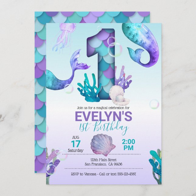 Mermaid Invitation w/ Mermaid Tail (Front/Back)