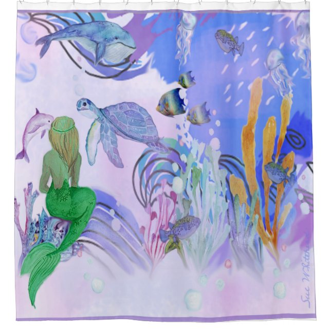 Mermaid Is Watching Sea Life Shower Curtain (Front)