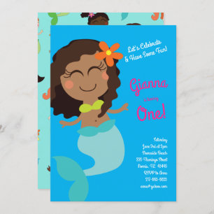 Mermaid Kids Birthday Dark Skin Latina Hispanic Invitation
