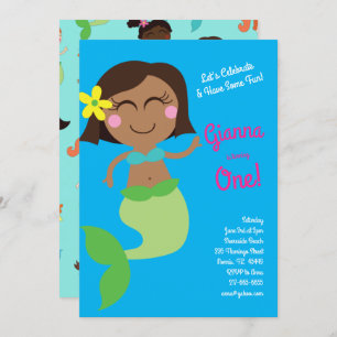 Mermaid Kids Birthday Medium Dark Skin Tone Invitation