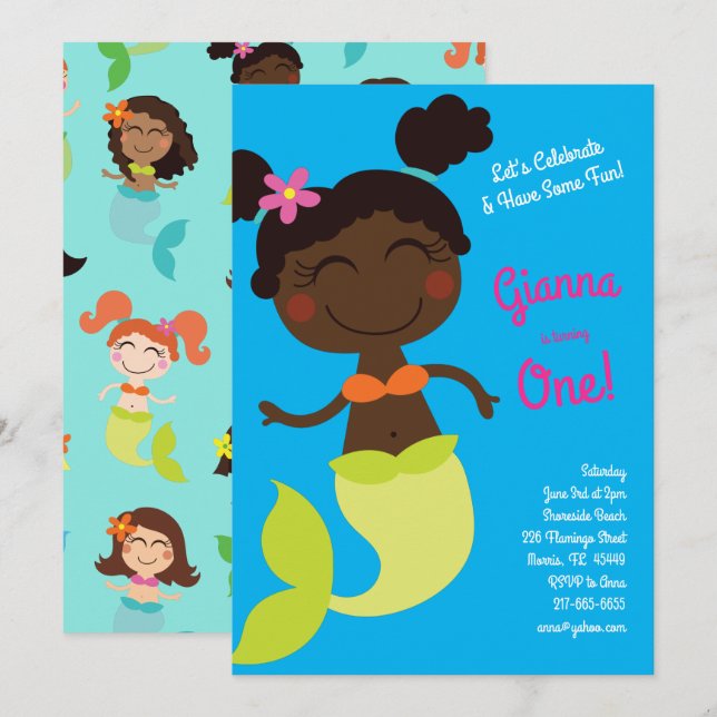 Mermaid Kids Birthday Party Black African American Invitation (Front/Back)
