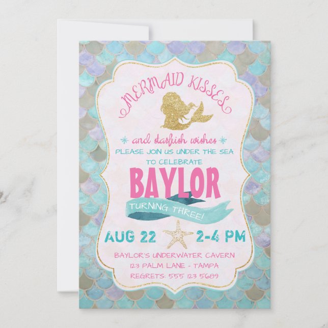 Mermaid Kisses Birthday Invitation (Front)
