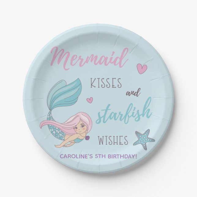 Mermaid Kisses Starfish Wishes Happy Birthday Paper Plate (Front)