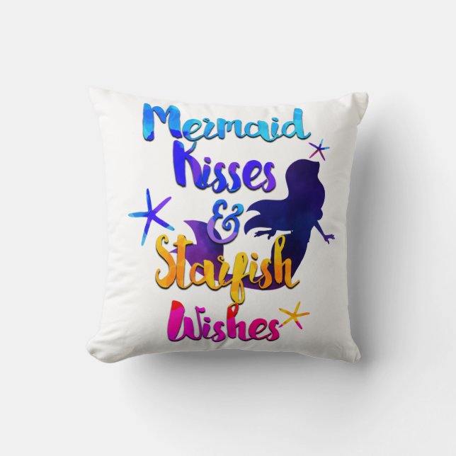 Mermaid Kisses & Starfish Wishes Watercolor Beachy Cushion (Front)