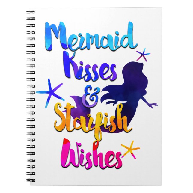 Mermaid Kisses & Starfish Wishes Watercolor Beachy Notebook (Front)