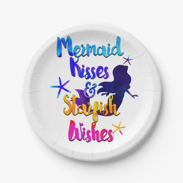 Mermaid Kisses & Starfish Wishes Watercolor Beachy Paper Plate (Front)