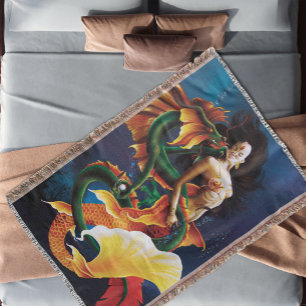 Mermaid Koi Dragon Fantasy Throw Blanket