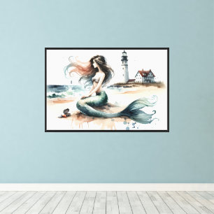 Mermaid Lighthouse Coastal Watercolor Scene Canvas Print