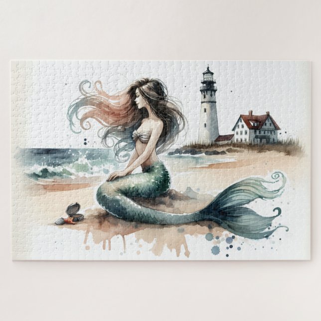 Mermaid Lighthouse Coastal Watercolor Scene Jigsaw Puzzle (Horizontal)