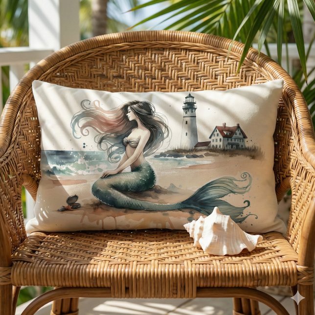 Mermaid Lighthouse Coastal Watercolor Scene Lumbar Cushion (Mermaid Lighthouse Coastal Watercolor Scene Lumbar Pillow Mockup A)