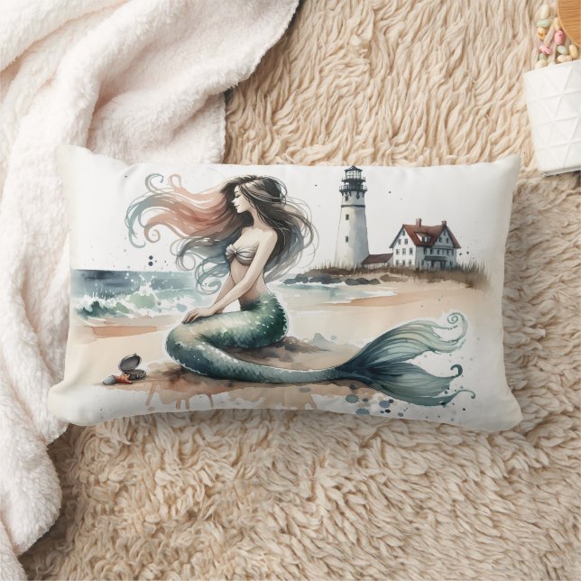 Mermaid Lighthouse Coastal Watercolor Scene Lumbar Cushion (Blanket)