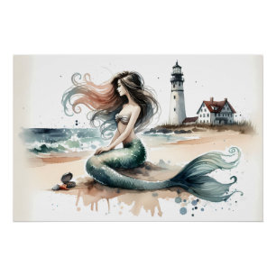 Mermaid Lighthouse Coastal Watercolor Scene Poster